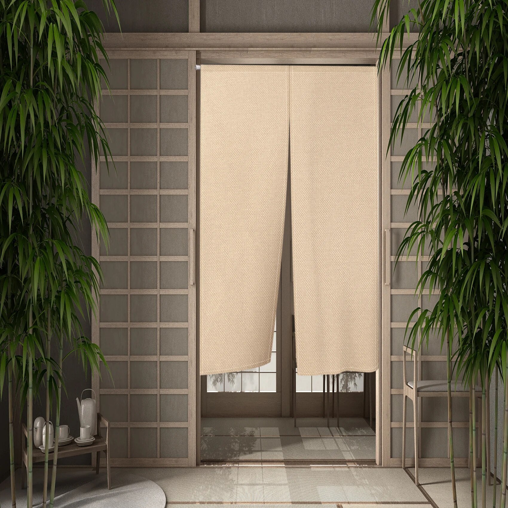 SkandiShop Solid Color Beige Japanese Simple Half-curtain Kitchen Porch Corridor Bedroom Drape Hanging Curtain Restaurant Door Screen Decor